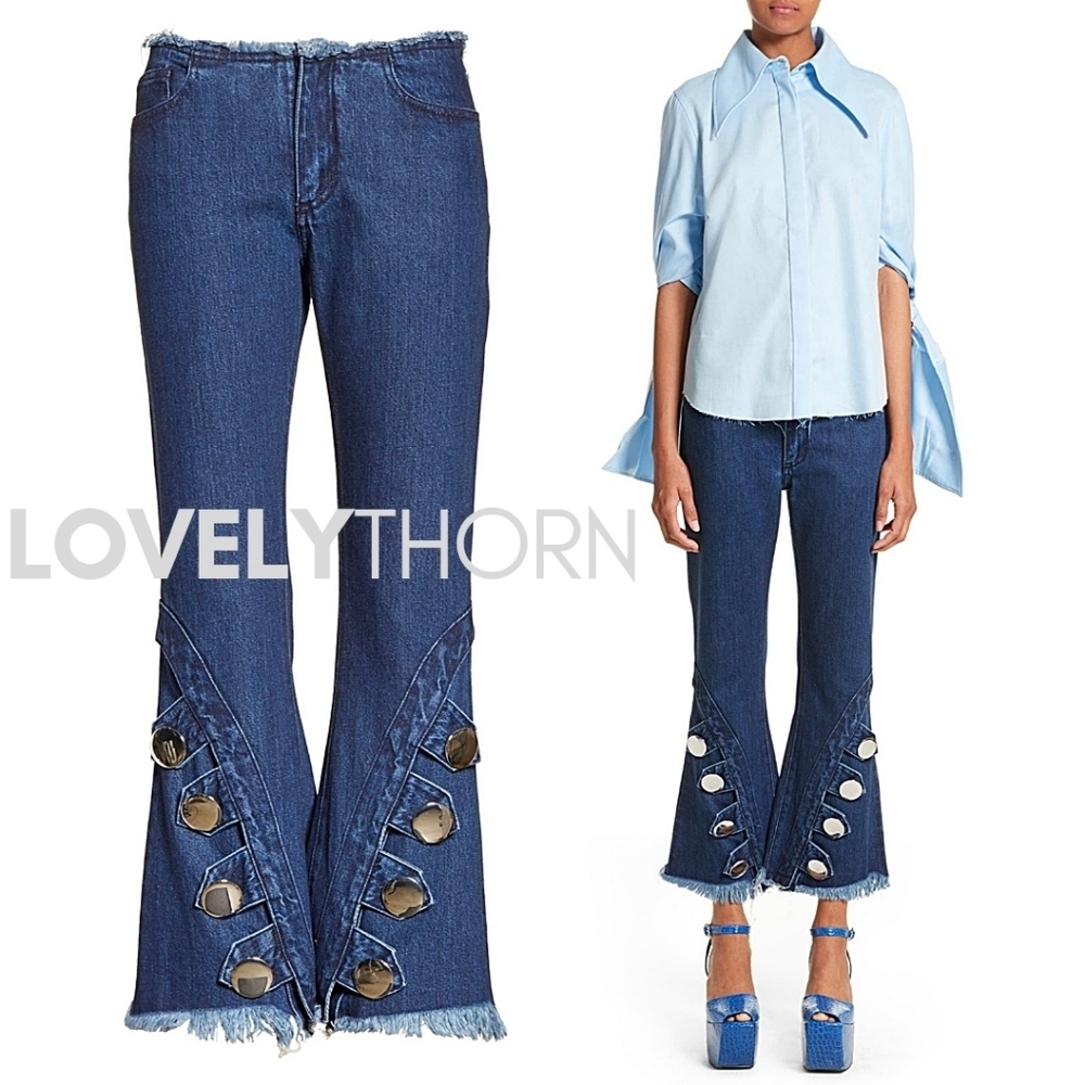 MARQUES ALMEIDA // ltd ed raw waist curvy button trim crop flare fray hem jeans
